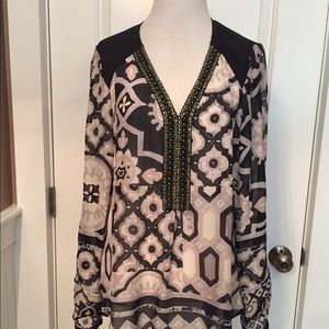 HALE BOB TOP V-NECK BEADED TUNIC BLACK GRAY WHITE SILK FLORAL SIZE S